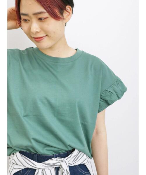 Samansa Mos2 blue（サマンサモスモスブルー）の「【接触冷感】フリルスリーブT（Tシャツ/カットソー・レディース・ホワイト/グリーン/ブラック/ネイビー/オフホワイト・F）」の4枚目の写真