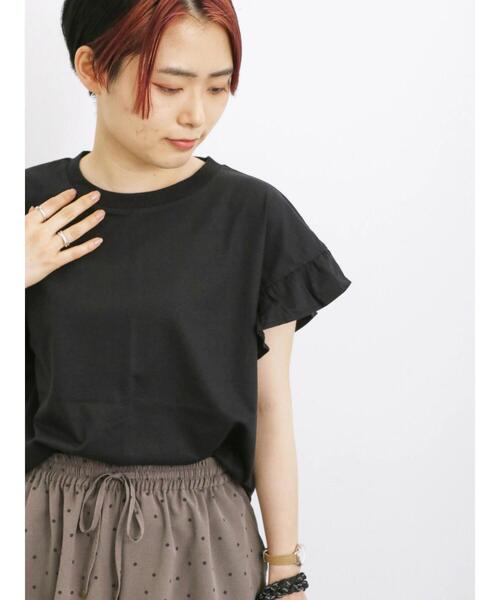 Samansa Mos2 blue（サマンサモスモスブルー）の「【接触冷感】フリルスリーブT（Tシャツ/カットソー・レディース・ホワイト/グリーン/ブラック/ネイビー/オフホワイト・F）」の3枚目の写真