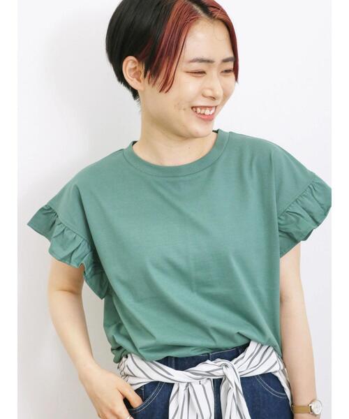 Samansa Mos2 blue（サマンサモスモスブルー）の「【接触冷感】フリルスリーブT（Tシャツ/カットソー・レディース・ホワイト/グリーン/ブラック/ネイビー/オフホワイト・F）」の10枚目の写真