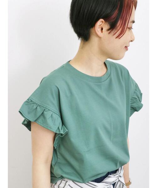 Samansa Mos2 blue（サマンサモスモスブルー）の「【接触冷感】フリルスリーブT（Tシャツ/カットソー・レディース・ホワイト/グリーン/ブラック/ネイビー/オフホワイト・F）」の11枚目の写真