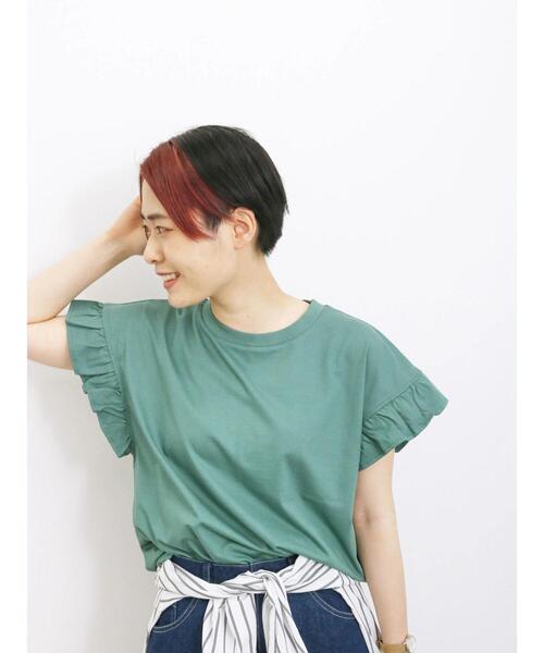 Samansa Mos2 blue（サマンサモスモスブルー）の「【接触冷感】フリルスリーブT（Tシャツ/カットソー・レディース・ホワイト/グリーン/ブラック/ネイビー/オフホワイト・F）」の12枚目の写真