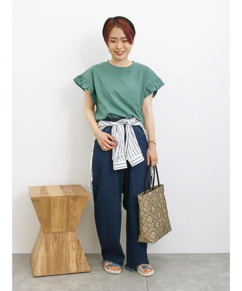 Samansa Mos2 blue（サマンサモスモスブルー）の「【接触冷感】フリルスリーブT（Tシャツ/カットソー・レディース・ホワイト/グリーン/ブラック/ネイビー/オフホワイト・F）」の13枚目の写真
