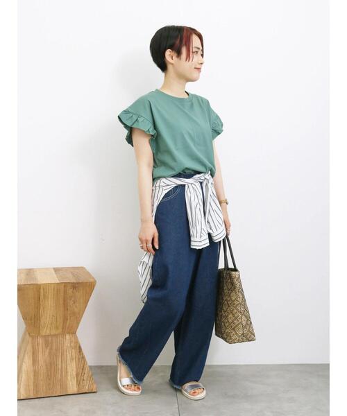 Samansa Mos2 blue（サマンサモスモスブルー）の「【接触冷感】フリルスリーブT（Tシャツ/カットソー・レディース・ホワイト/グリーン/ブラック/ネイビー/オフホワイト・F）」の6枚目の写真