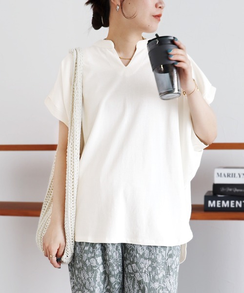 reca（レカ）の「綿100％！キーネックドルマンワイドTシャツ（Tシャツ/カットソー・レディース・アイボリー/パープル系その他/グレイッシュベージュ/ブラック・M）」の19枚目の写真