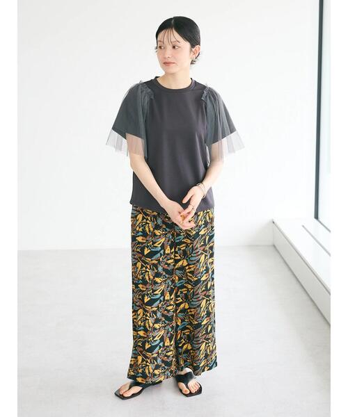 【新品タグ付】定価¥16,500水彩画風プリントレーヨンストレートパンツ/春夏 Cotton-yuzen綿スラブシーチング金彩プリント6疋田春秋柄