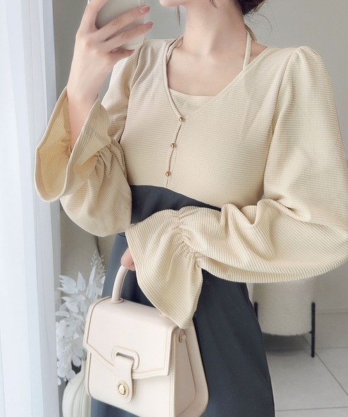 mily bilet(ミウィビレット)の「【mily bilet】大人シック。チョーカーデザインレイヤード風キャンディースリーブドッキングナローワンピース(長袖)(ワンピース・レディース・アイボリー/ブラック/チャコールグレー・X-LARGE/SMALL/MEDIUM/LARGE)」の2枚目の写真