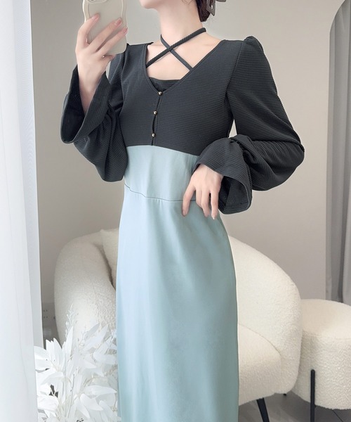 mily bilet(ミウィビレット)の「【mily bilet】大人シック。チョーカーデザインレイヤード風キャンディースリーブドッキングナローワンピース(長袖)(ワンピース・レディース・アイボリー/ブラック/チャコールグレー・X-LARGE/SMALL/MEDIUM/LARGE)」の13枚目の写真