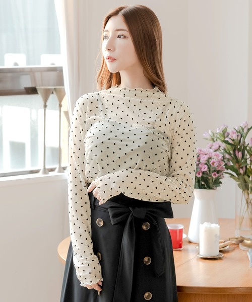 Julia Boutique(ジュリアブティック)の「選べるドット柄・花柄 フロッキー加工 シアーカットソートップス(Tシャツ/カットソー・レディース・ブラック系2/ブラック系1/ホワイト・ONE)」の14枚目の写真