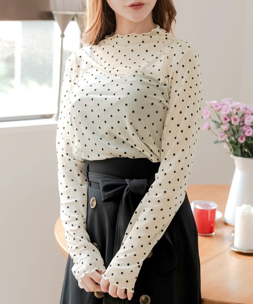Julia Boutique(ジュリアブティック)の「選べるドット柄・花柄 フロッキー加工 シアーカットソートップス(Tシャツ/カットソー・レディース・ブラック系2/ブラック系1/ホワイト・ONE)」の20枚目の写真