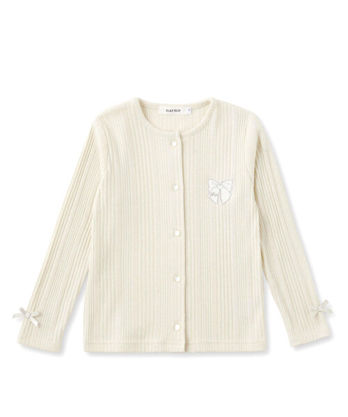 SLAP SLIP（スラップスリップ）の「キラキラ袖リボンパッチ刺しゅうカーディガン(90~140cm)（カーディガン/ボレロ・キッズ・オフホワイト/グレー/パープル・90cm/110cm/100cm/120cm/140cm/130cm）」の2枚目の写真