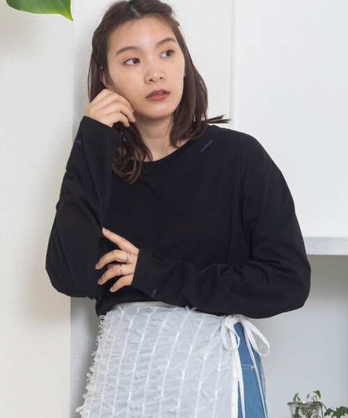 POU DOU DOU(プードゥドゥ)の「USAコットンワンポイント刺繍ワイドロンTee(Tシャツ/カットソー・レディース・ネイビー/レッド系/ブラック/オフホワイト・M)」の1枚目の写真