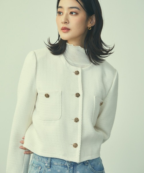 TITTY&CO.（ティティーアンドコー）の「ツイードクロップドジャケット（ノーカラージャケット・レディース・ライトブルー/ブラック/アイボリー・FREE）」の6枚目の写真