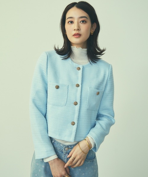 TITTY&CO.（ティティーアンドコー）の「ツイードクロップドジャケット（ノーカラージャケット・レディース・ライトブルー/ブラック/アイボリー・FREE）」の14枚目の写真