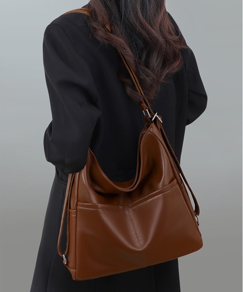 ALWAYS GOOD TIME(オルウェイズグッドタイム)の「【M2SUQARED/エムツースクエア】多機能ソフトフェイクレザーバッグ(ショルダーバッグ・レディース・ブラウン/ブラック・FREE)」の2枚目の写真