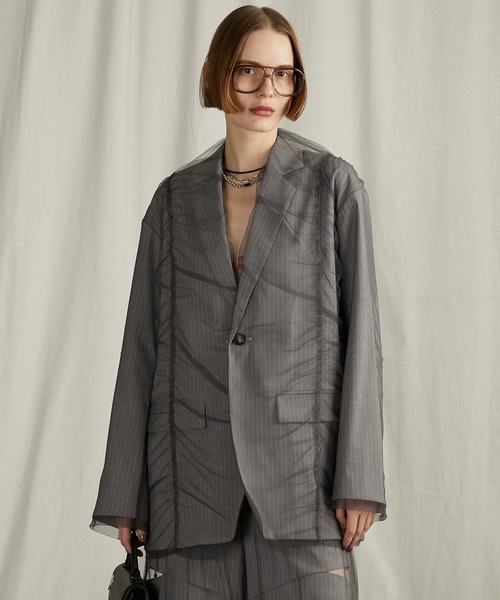 ブランク blank 総柄 ベロア ダブル ジャケット 0 セール】チュールレイヤードジャケット / Tulle Layered Jacket