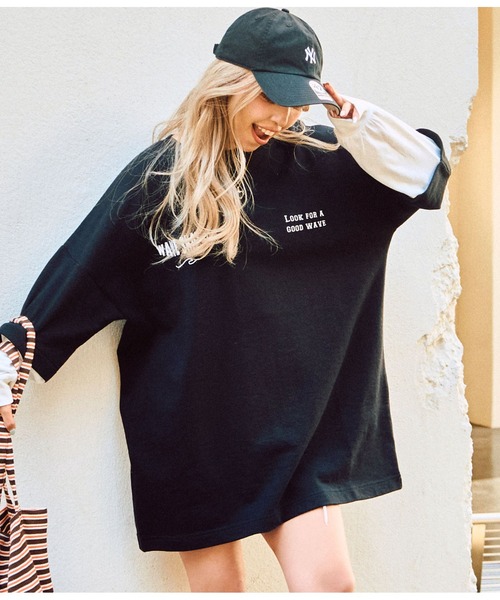 anap mimpi(アナップミンピ)の「サーフ 刺繍 ロゴ レイヤード風 スウェット トップス(Tシャツ/カットソー・レディース・ブラック/ターコイズブルー・FREE)」の5枚目の写真