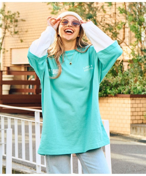 anap mimpi(アナップミンピ)の「サーフ 刺繍 ロゴ レイヤード風 スウェット トップス(Tシャツ/カットソー・レディース・ブラック/ターコイズブルー・FREE)」の13枚目の写真