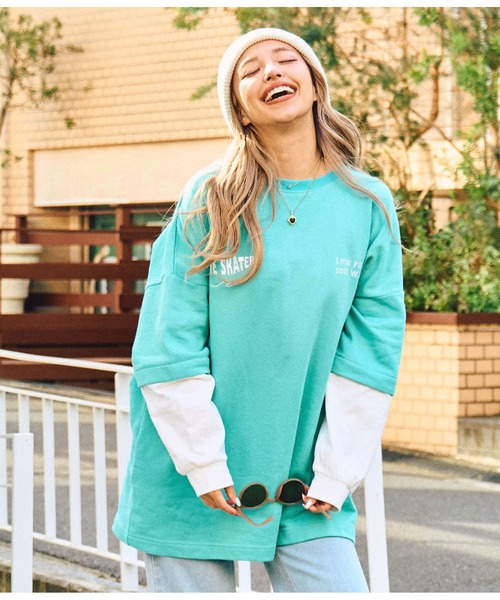 anap mimpi(アナップミンピ)の「サーフ 刺繍 ロゴ レイヤード風 スウェット トップス(Tシャツ/カットソー・レディース・ブラック/ターコイズブルー・FREE)」の14枚目の写真