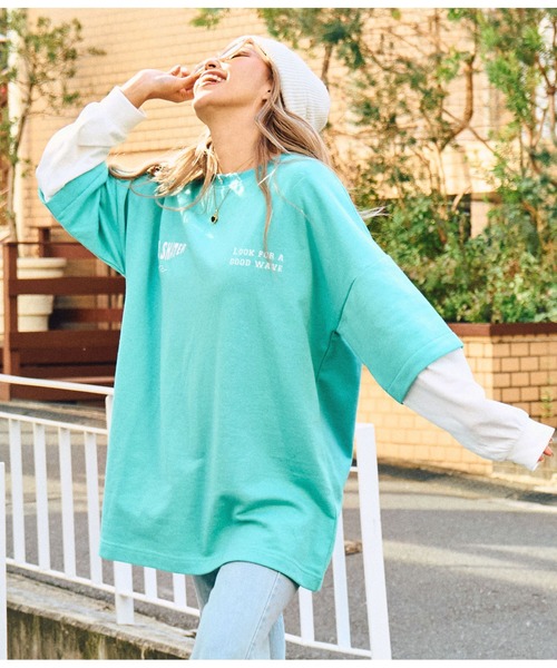 anap mimpi(アナップミンピ)の「サーフ 刺繍 ロゴ レイヤード風 スウェット トップス(Tシャツ/カットソー・レディース・ブラック/ターコイズブルー・FREE)」の15枚目の写真