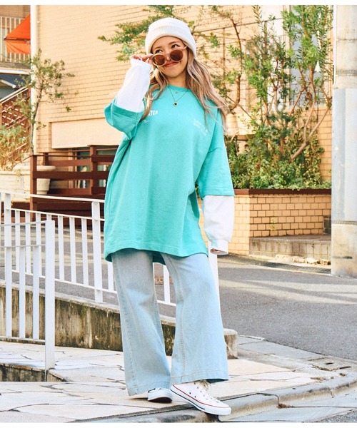 anap mimpi(アナップミンピ)の「サーフ 刺繍 ロゴ レイヤード風 スウェット トップス(Tシャツ/カットソー・レディース・ブラック/ターコイズブルー・FREE)」の17枚目の写真