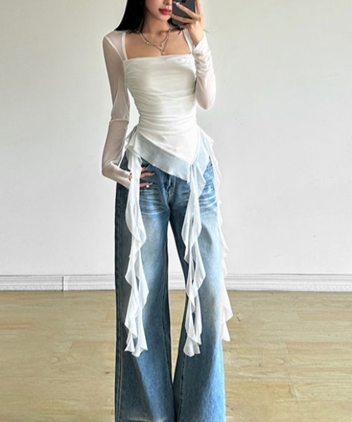 セール】25ss クルーネックフリルシアートップス（Tシャツ