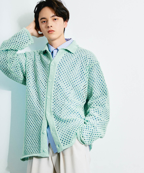 SENSE OF PLACE by URBAN RESEARCH（センスオブプレイスバイアーバンリサーチ）の「『ユニセックス』メッシュ衿付きカーディガン（カーディガン/ボレロ・メンズ・チャコールグレー/ミント/ネイビー・MEDIUM/LARGE）」の2枚目の写真