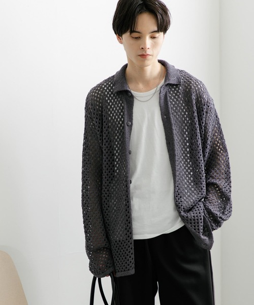 SENSE OF PLACE by URBAN RESEARCH（センスオブプレイスバイアーバンリサーチ）の「『ユニセックス』メッシュ衿付きカーディガン（カーディガン/ボレロ・メンズ・チャコールグレー/ミント/ネイビー・MEDIUM/LARGE）」の4枚目の写真