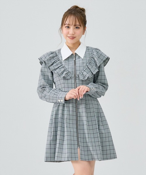 REDYAZEL(レディアゼル)の「チェックフロントジップフリルミニシャツワンピース(ワンピース・レディース・グレー系その他/グリーン系その他/ブルー系その他・SMALL/MEDIUM)」の2枚目の写真