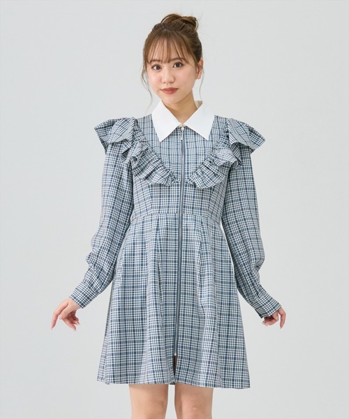 REDYAZEL(レディアゼル)の「チェックフロントジップフリルミニシャツワンピース(ワンピース・レディース・グレー系その他/グリーン系その他/ブルー系その他・SMALL/MEDIUM)」の1枚目の写真