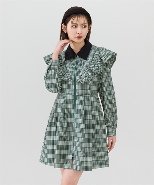 REDYAZEL(レディアゼル)の「チェックフロントジップフリルミニシャツワンピース(ワンピース・レディース・グレー系その他/グリーン系その他/ブルー系その他・SMALL/MEDIUM)」の4枚目の写真