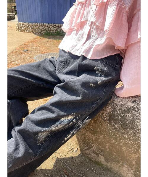 ehka sopo(エヘカソポ)の「箔プリントワイドデニムパンツ(デニムパンツ・レディース・ブルー/サックスブルー/グレー・F)」の2枚目の写真