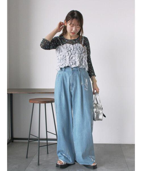 ehka sopo(エヘカソポ)の「箔プリントワイドデニムパンツ(デニムパンツ・レディース・ブルー/サックスブルー/グレー・F)」の13枚目の写真