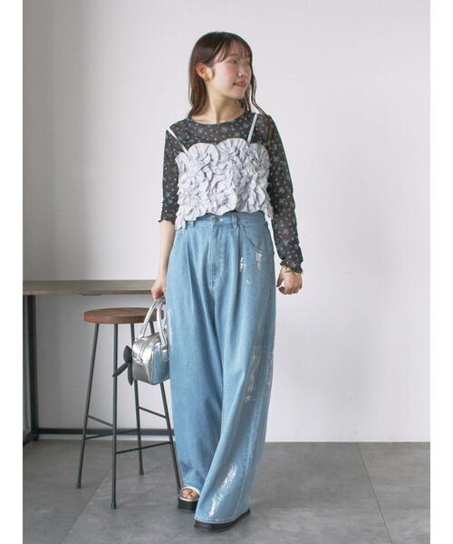 ehka sopo(エヘカソポ)の「箔プリントワイドデニムパンツ(デニムパンツ・レディース・ブルー/サックスブルー/グレー・F)」の14枚目の写真