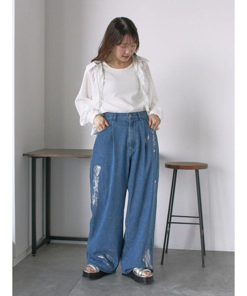 ehka sopo(エヘカソポ)の「箔プリントワイドデニムパンツ(デニムパンツ・レディース・ブルー/サックスブルー/グレー・F)」の22枚目の写真