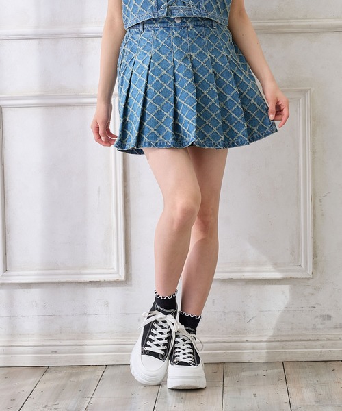 セール】ダイヤパターン デニムプリーツミニスカパン（デニム