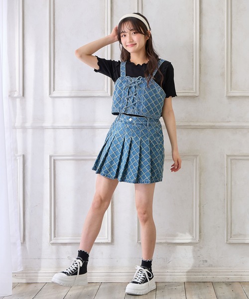 セール】ダイヤパターン デニムプリーツミニスカパン（デニム