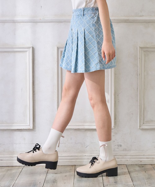セール】ダイヤパターン デニムプリーツミニスカパン（デニム
