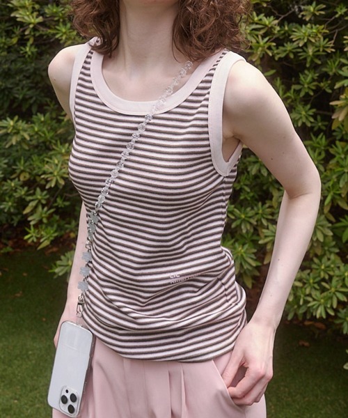 Lil Ambition(リルアンビション)の「マルチボーダータンクトップ(タンクトップ・レディース・カーキ/ピンク・FREE)」の1枚目の写真