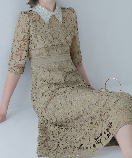 セール】【LEJA】花柄レースビジューカラーAラインドレス