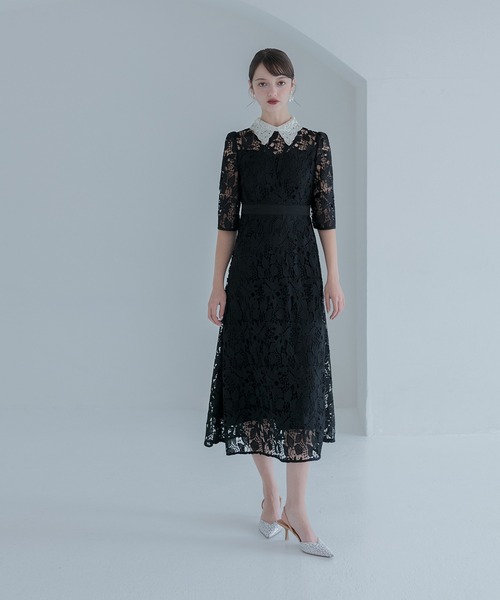 【LEJA】 花柄レース Aラインドレス Leja｜LEJA-花柄レースカラースパンコールAラインワンピース