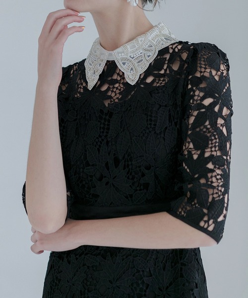 Leja（レジャ）の「【LEJA】花柄レースビジューカラーAラインドレス