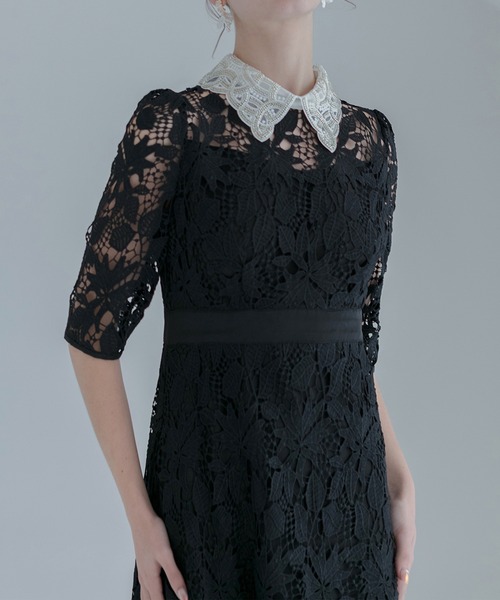 LEJA 花柄レースビジューカラーAラインワンピースドレス 一部当日発送】花柄レースビジューカラーAラインワンピース結婚