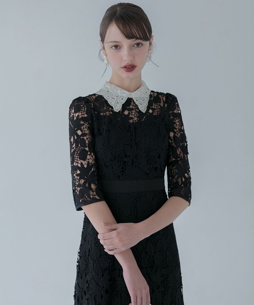 【LEJA】花柄レースビジューカラーAラインドレスワンピース美脚効果結婚式 レジャ Leja 花柄レースビジューカラーAラインドレスワンピース