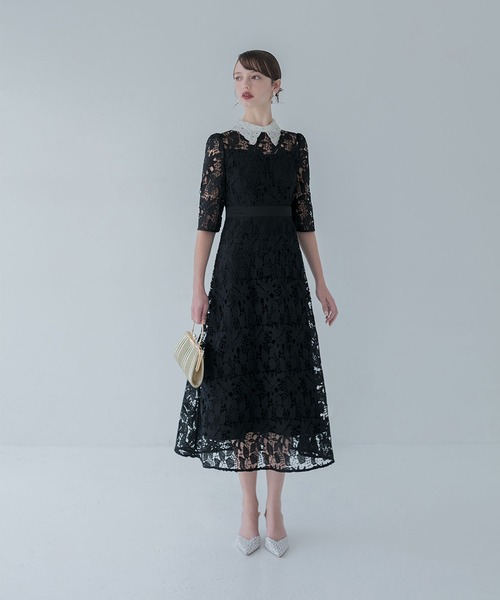 LEJA】花柄レースビジューカラーAラインドレスワンピース美脚効果結婚