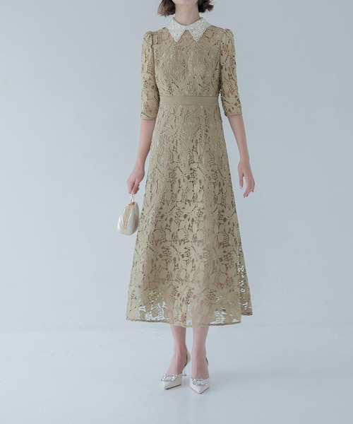 【LEJA】花柄レースビジューカラーAラインドレスワンピース美脚効果結婚式 LEJA】花柄レースビジューカラーAラインドレスワンピース美脚効果結婚