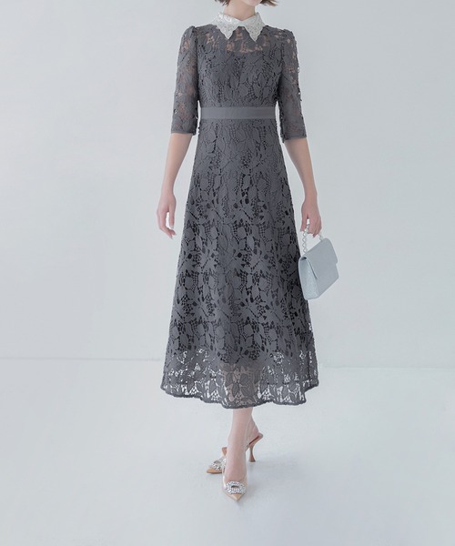 【LEJA】花柄レースビジューカラーAラインドレスワンピース美脚効果結婚式 Leja（レジャ）の「【LEJA】花柄レースビジューカラーAライン