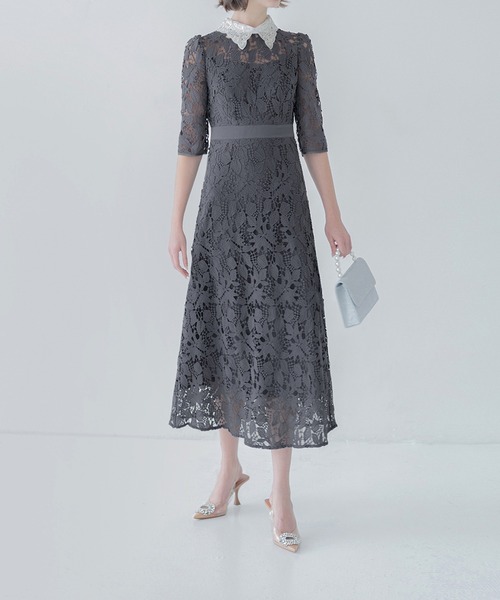 【新品タグ付】LEJA 花柄レースビジューカラーAラインワンピースドレス Leja（レジャ）の「【LEJA】花柄レースビジューカラーAライン