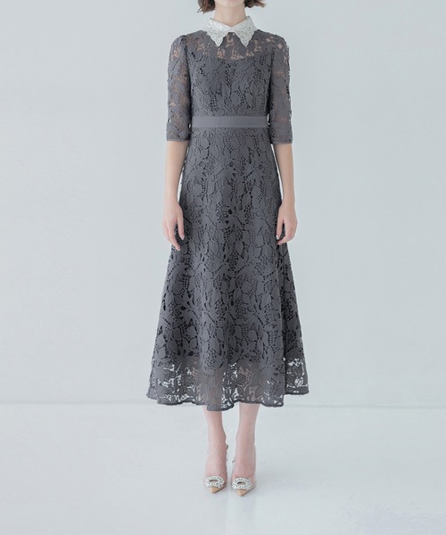 【LEJA】花柄レースビジューカラーAラインドレスワンピース美脚効果結婚式 LEJA】花柄レースビジューカラーAラインドレスワンピース美脚