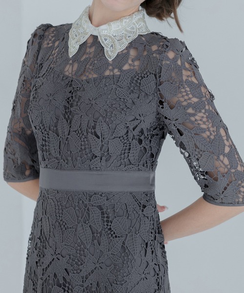 Leja（レジャ）の「【LEJA】花柄レースビジューカラーAラインドレス