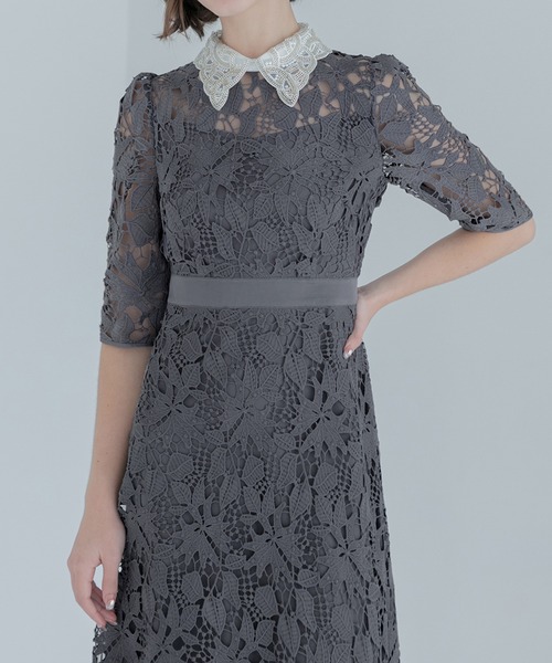 LEJA】花柄レースビジューカラーAラインドレスワンピース美脚